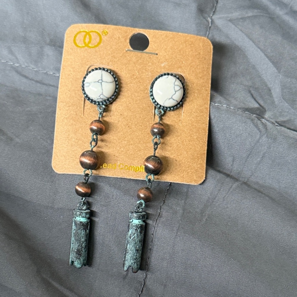 Boho White Stone & Patina Tassel Drop Earrings - Unbranded